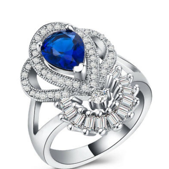 925 silver Luxury Water Drop Blue Sapphire Ring - Picture 2 of 11